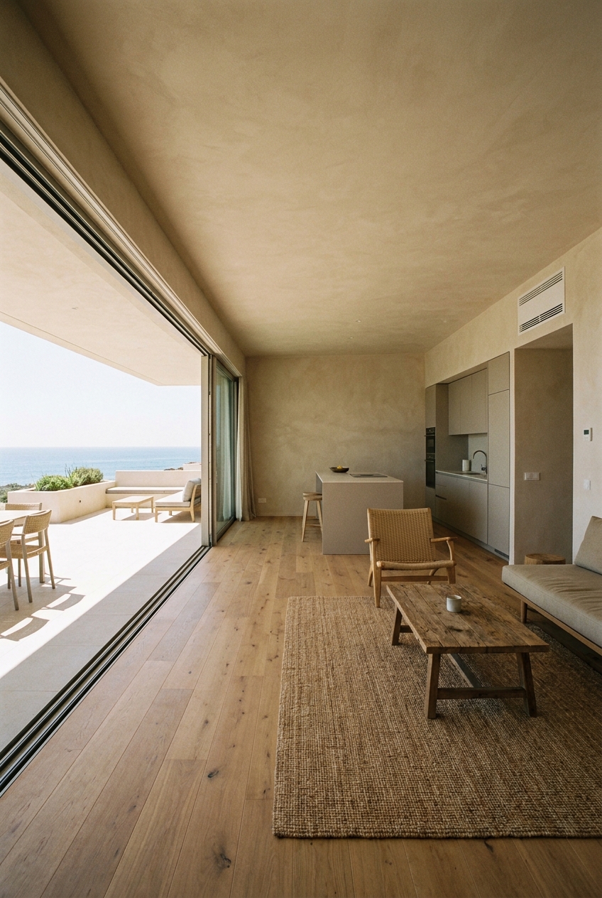 Passive house eco-luxury apartment interior with Atlantic ocean terrace views in the Algarve