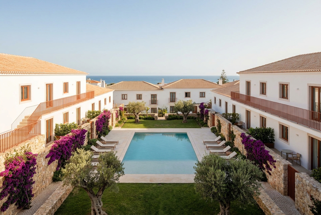 Boutique residential condominium with shared pool courtyard and ocean views in the western Algarve
